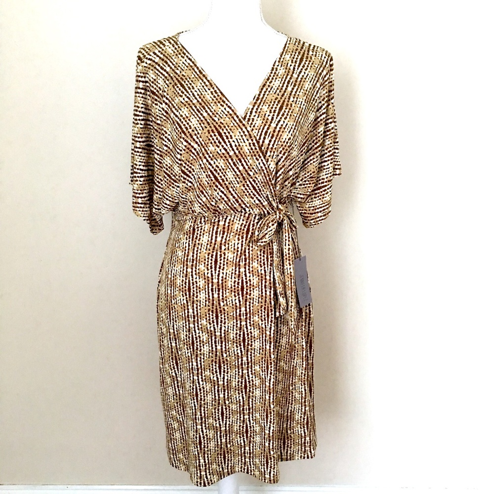 JENNIFER LOPEZ Brown/Ivory Spandex Faux Wrap Dress